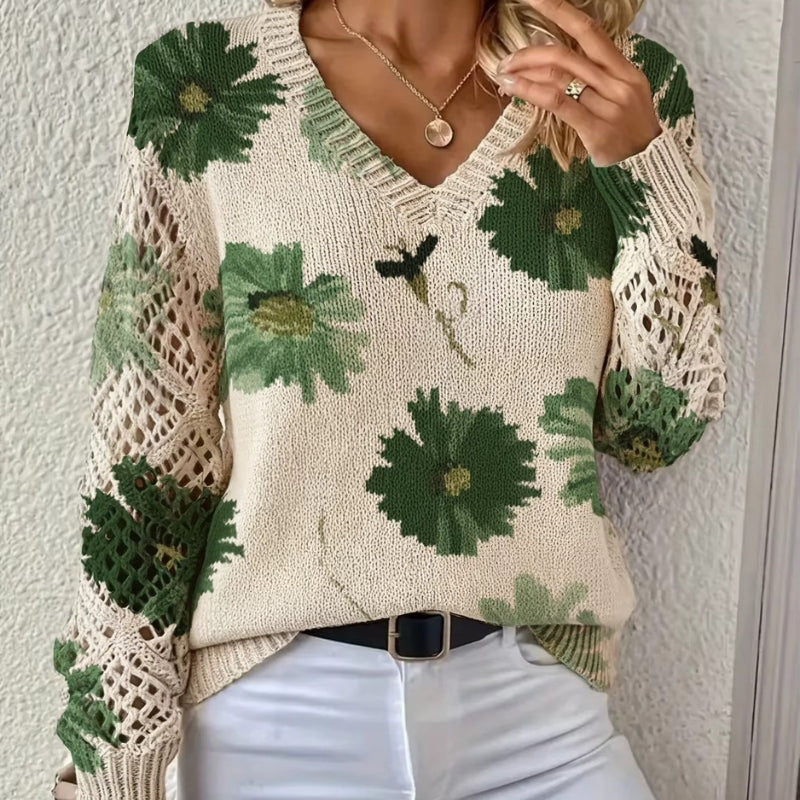 Alessia | Pulover Dama Casual cu Imprimeu si Decolteu V