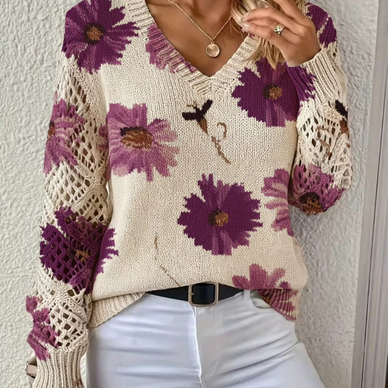 Alessia | Pulover Dama Casual cu Imprimeu si Decolteu V