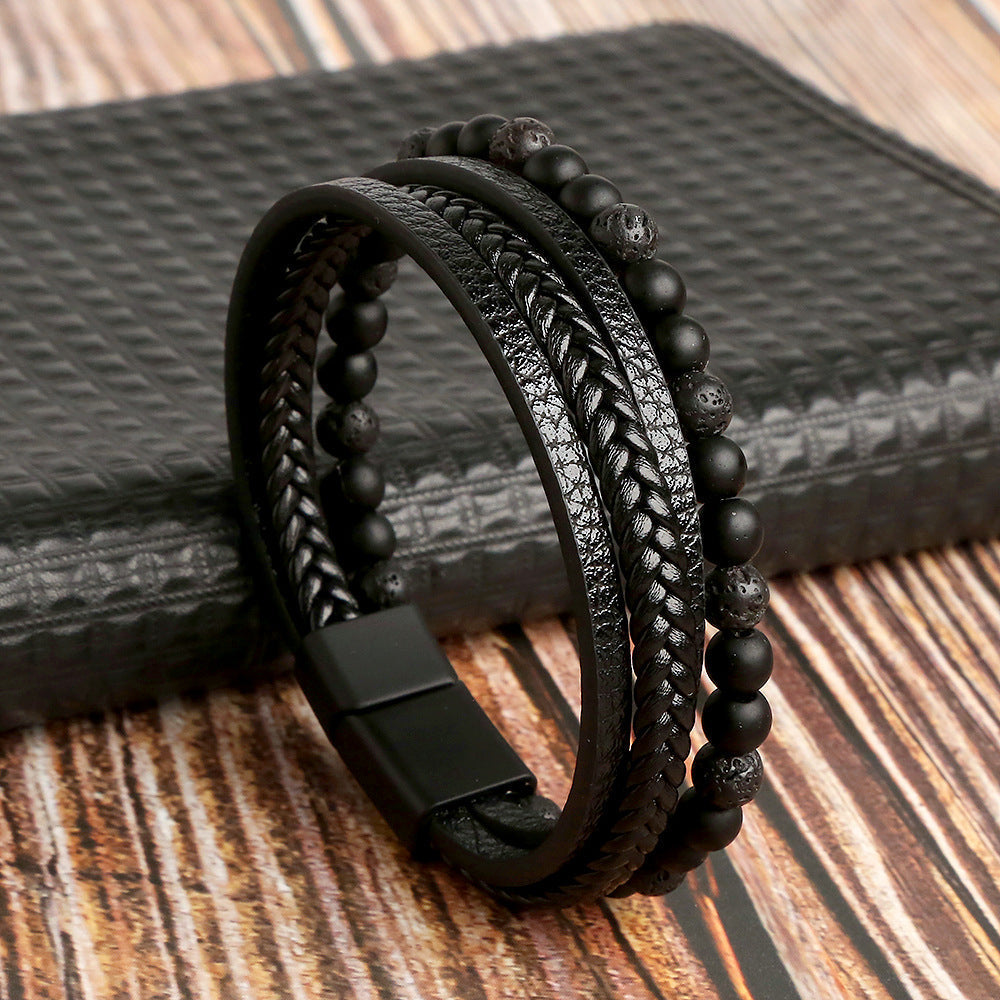 Bratari Barbati din Piele Impletite Set - Negru