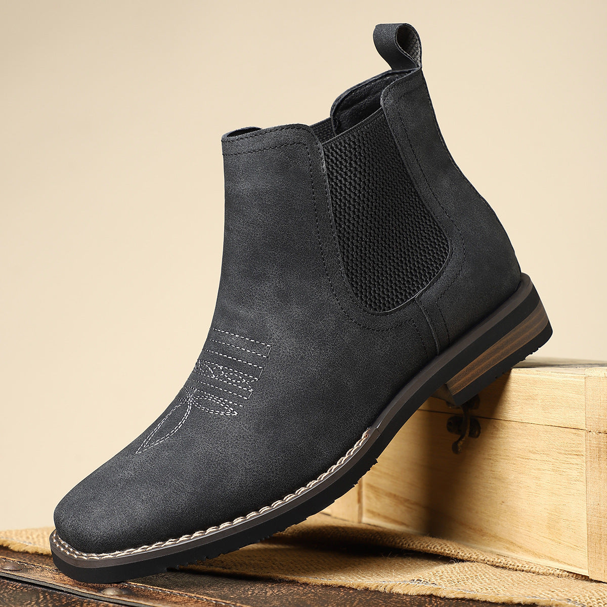 Ghete Barbat Chelsea din Piele cu Toc Gros - Negru